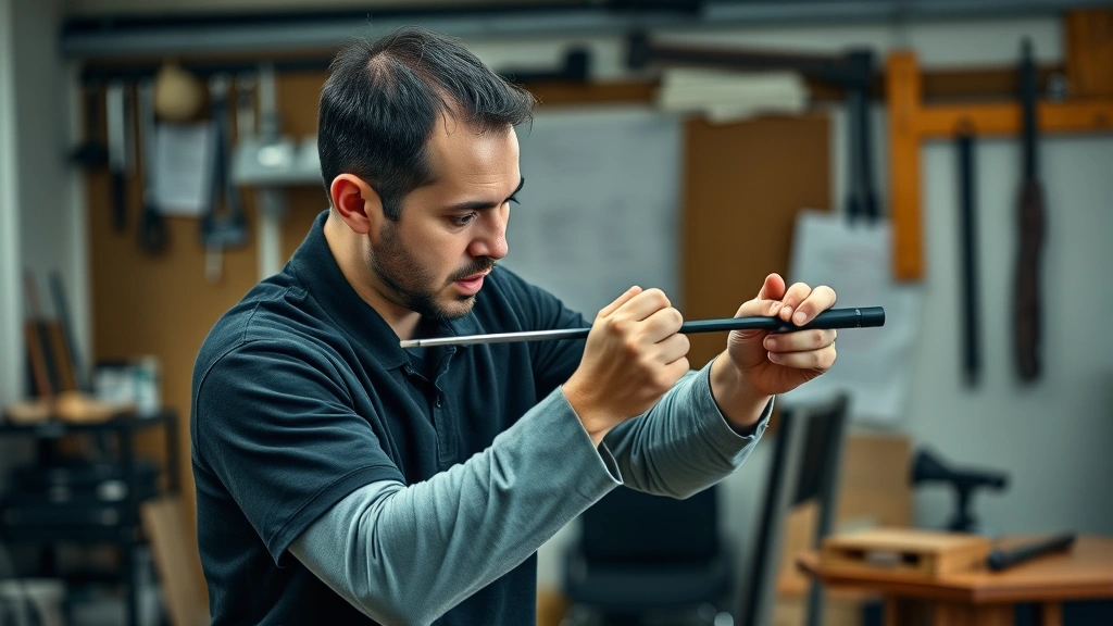 Individual practicing a specific skill with intense concentration and proper form, showing disciplined effort and deliberate technique, professional environment with tools of their craft, clear evidence of dedicated practice