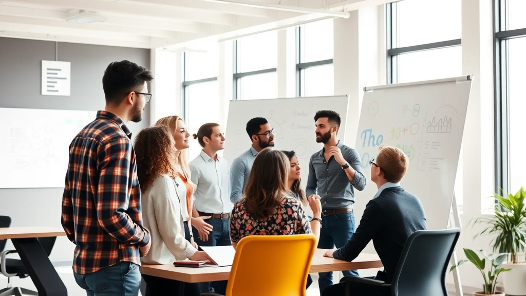 Diverse team of professionals working together in an open office environment, engaged in brainstorming session with whiteboard sketches and charts visible, natural light streaming through large windows, collaborative energy