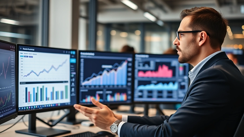 Professional business strategist analyzing growth charts on digital dashboard, confident demeanor, modern office environment with multiple monitors displaying analytics and market data