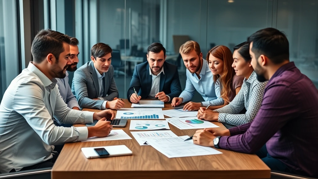 Diverse team collaborating around conference table, reviewing strategic growth plans and market analysis documents, focused expressions showing engagement and innovation