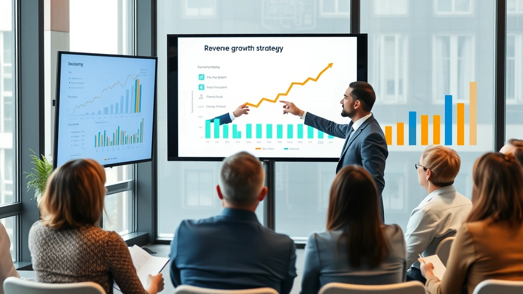 Business leader presenting growth strategy to team, pointing at large screen displaying revenue projections and growth metrics, modern corporate setting with engaged audience taking notes