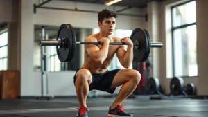 Teenage athlete performing perfect form bodyweight squat in modern gym with natural lighting, focused expression, demonstrating proper technique with aligned knees and neutral spine