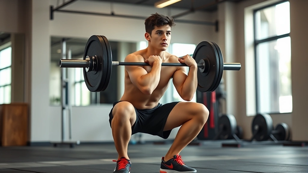 Teenage athlete performing perfect form bodyweight squat in modern gym with natural lighting, focused expression, demonstrating proper technique with aligned knees and neutral spine