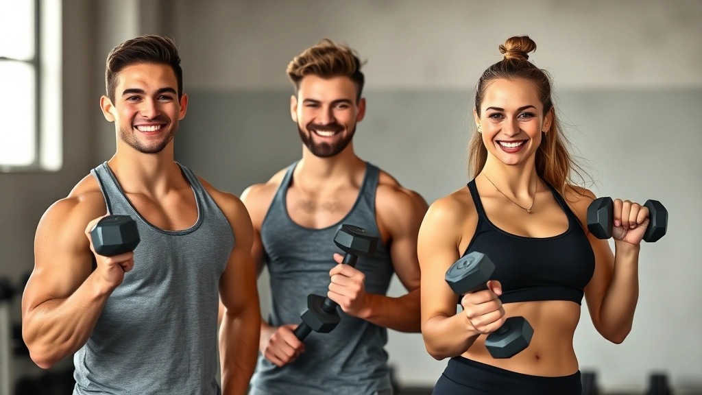 Young male and female strength athletes training together with light dumbbells, smiling and confident, showcasing diverse athletic builds and proper form during resistance exercises