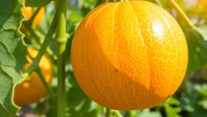 Close-up of vibrant orange cantaloupe melon hanging from green vine with visible netted skin pattern in sunlight, showing ripe fruit ready for harvest in productive garden setting
