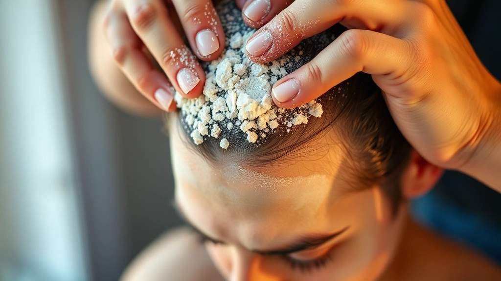 Close-up of hands massaging scalp with chebe powder mixture, showing proper application technique, warm lighting highlighting the powder texture and scalp care