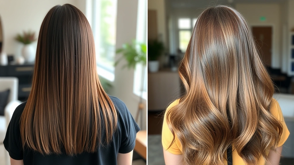 Before and after transformation showing hair length progression, woman displaying hair growth over time, healthy shine and strength visible, natural indoor lighting