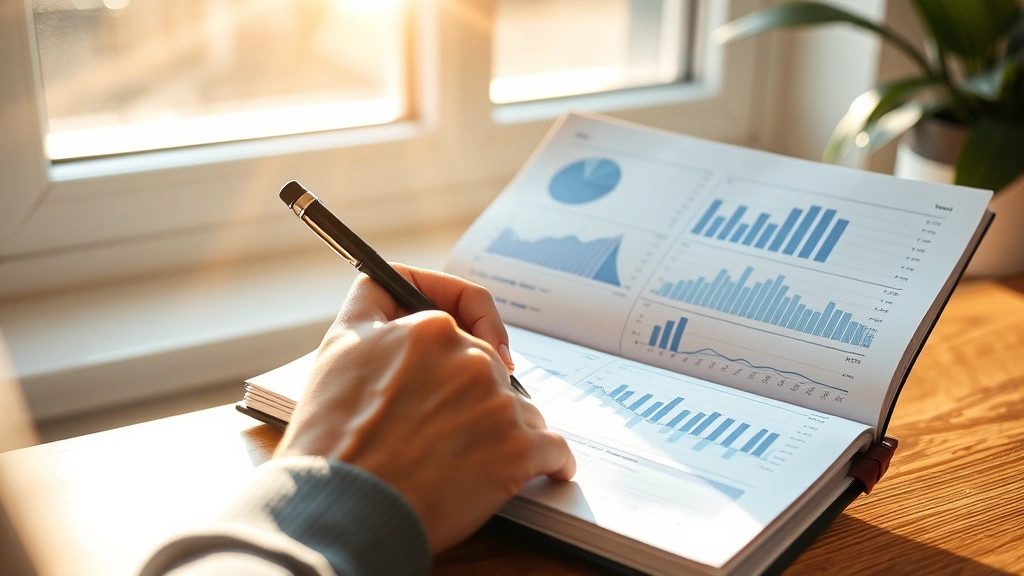 Person writing in a growth journal with charts and graphs visible, morning sunlight streaming through window, motivated expression, notebook with progress metrics and goal tracking