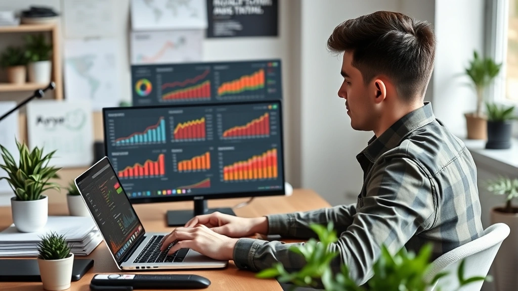 Young professional reviewing monthly progress dashboard on laptop, multiple charts showing upward trends, organized workspace with plants, determined focused posture, celebrating small wins