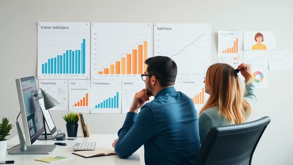 Individual at desk with visual growth charts on wall, progress graphs showing trajectory over months, vision board elements, accountability partner reviewing metrics together, collaborative growth mindset