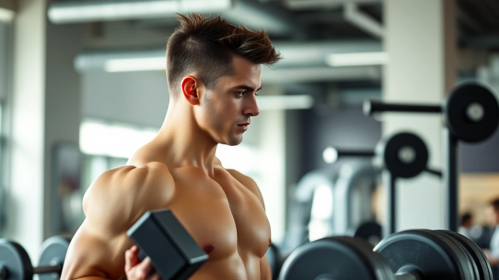 Fit male athlete in professional gym with dumbbells and barbells, focused expression during intense strength training session, natural gym lighting, muscular physique showcasing athletic development