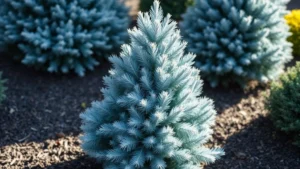 A thriving, vibrant blue spruce tree with silvery-blue foliage growing in a well-maintained landscape setting, surrounded by healthy soil and mulch, morning sunlight highlighting the needles, professional garden environment, no text or signage visible