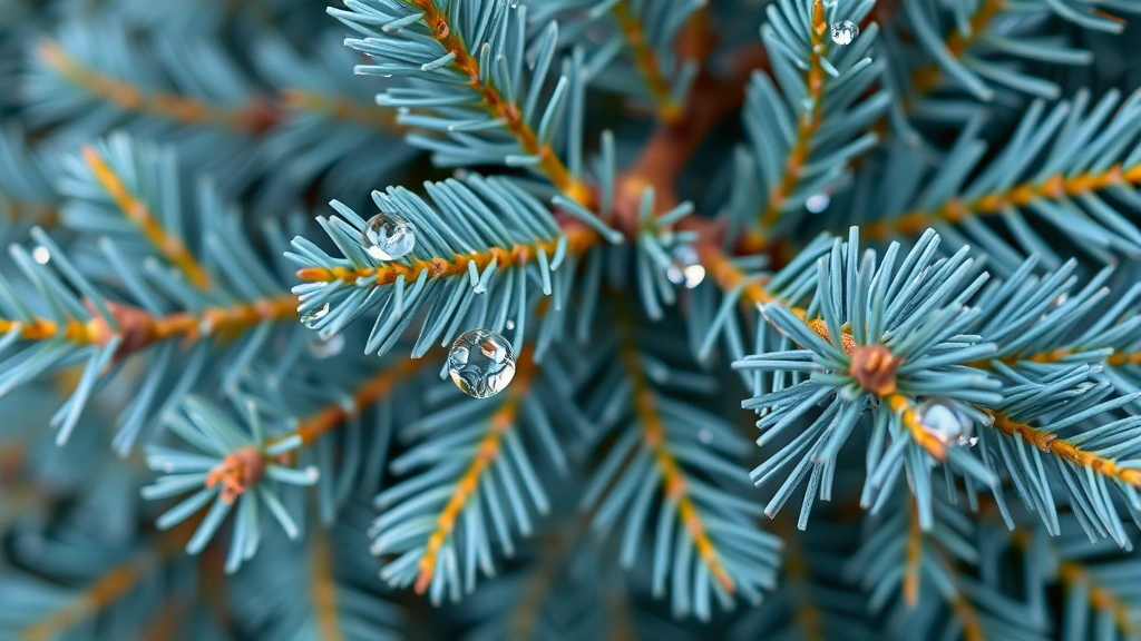 Close-up of blue spruce needles and branches showing healthy, dense growth with morning dew drops, rich blue-green coloring, natural outdoor lighting, detailed foliage structure, no text elements