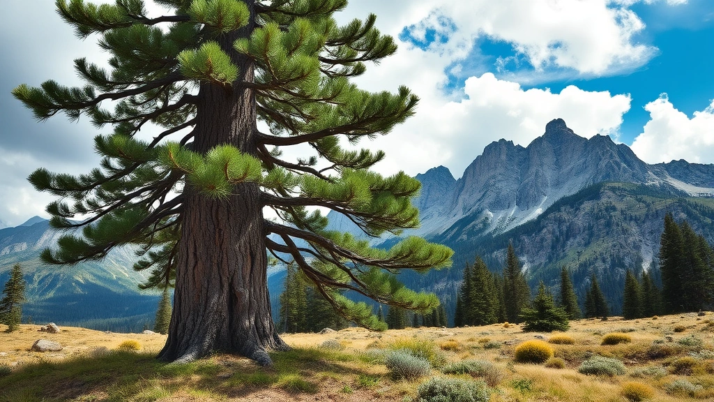 Mature Colorado Blue Spruce tree standing resilient against mountain terrain, weathered bark visible, strong trunk, surrounded by alpine meadow, dramatic sky, photorealistic, symbolizing strength built through adaptation and time