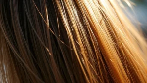 Close-up of healthy, thick hair strands with visible shine and vitality, person running fingers through lustrous hair, natural sunlight highlighting hair texture and strength
