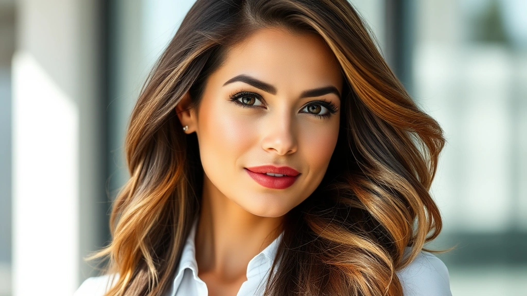 Professional woman with visibly thick, healthy, shiny hair in natural sunlight, looking confident and composed, photorealistic portrait style, no text visible