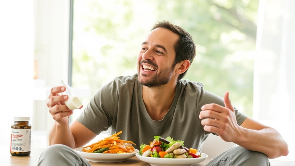 Person enjoying wellness routine with supplements and healthy meal, focused on overall health and vitality, bright natural setting, no visible product packaging or text