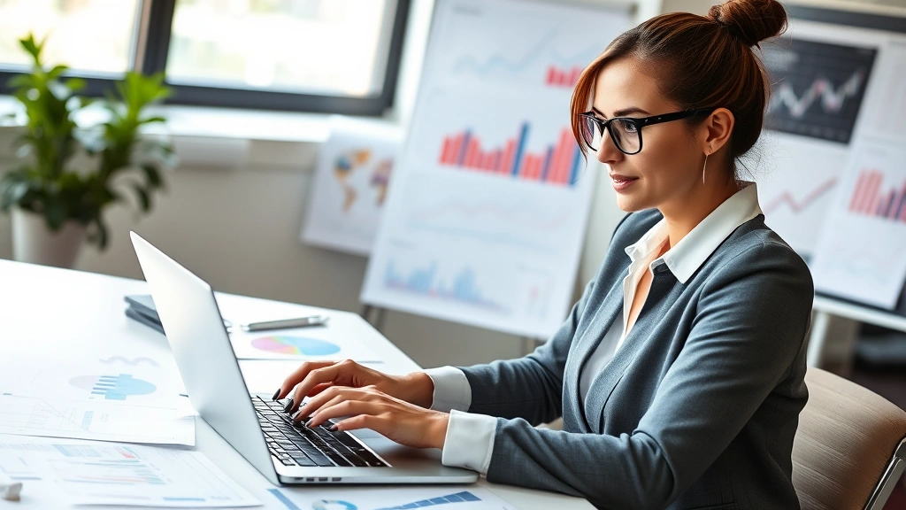Professional entrepreneur woman reviewing business analytics on laptop surrounded by growth charts, confident expression, modern office setting, natural lighting, focused concentration