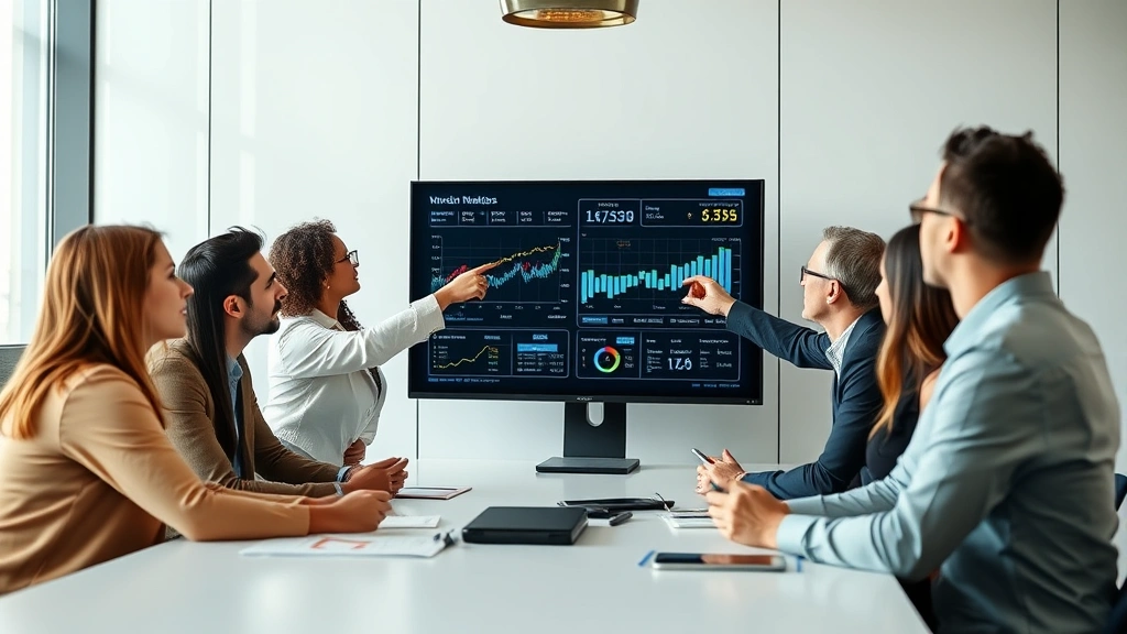 Diverse team collaborating around conference table during strategy meeting, pointing at digital screen displaying market data, engaged discussion, modern corporate environment, daylight