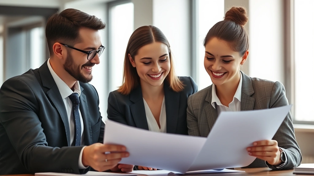 Business leader mentoring young professional, both smiling, reviewing documents together at desk, warm professional relationship, modern office background, natural window light