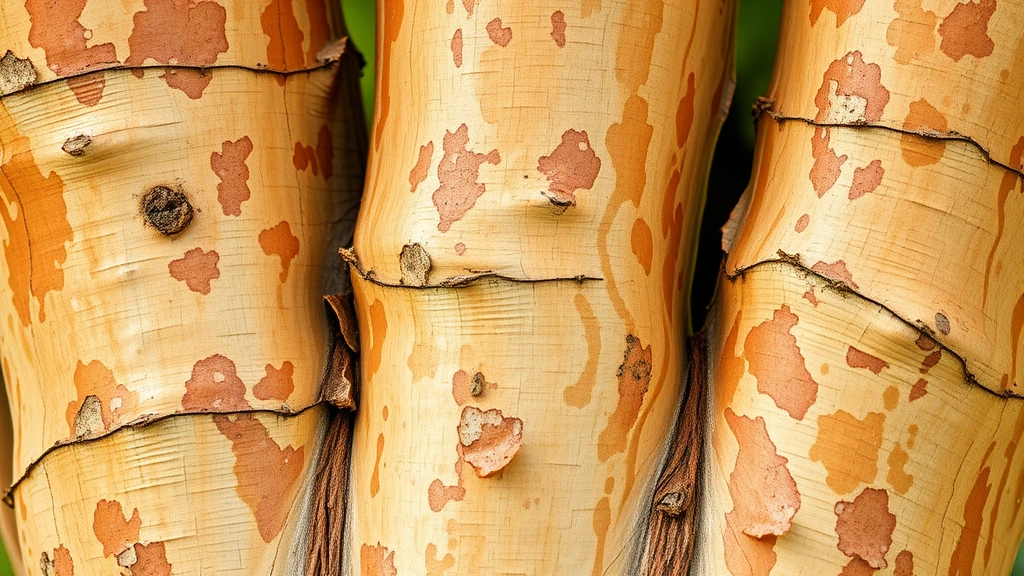 Close-up of a mature crepe myrtle tree with characteristic exfoliating mottled bark in shades of tan, cinnamon, and cream, showing smooth trunk texture with natural patterns