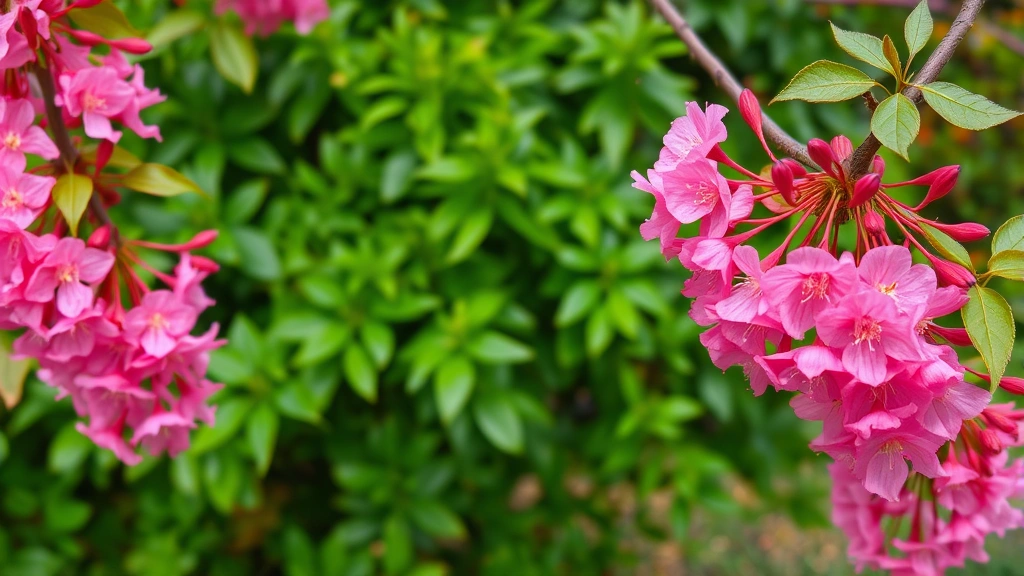 Vibrant crepe myrtle flowers in full bloom with pink and magenta blooms cascading on branches, lush green foliage in background, natural garden setting