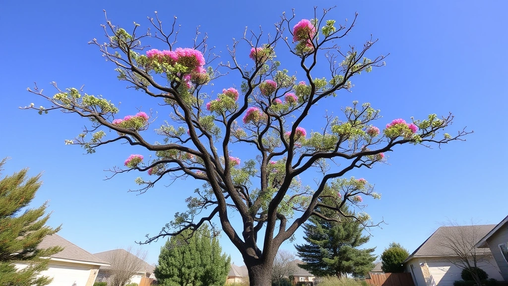 Wide-angle view of a well-pruned crepe myrtle tree with vase-shaped form, multiple stems, and dense branching structure, planted in a residential landscape with blue sky background