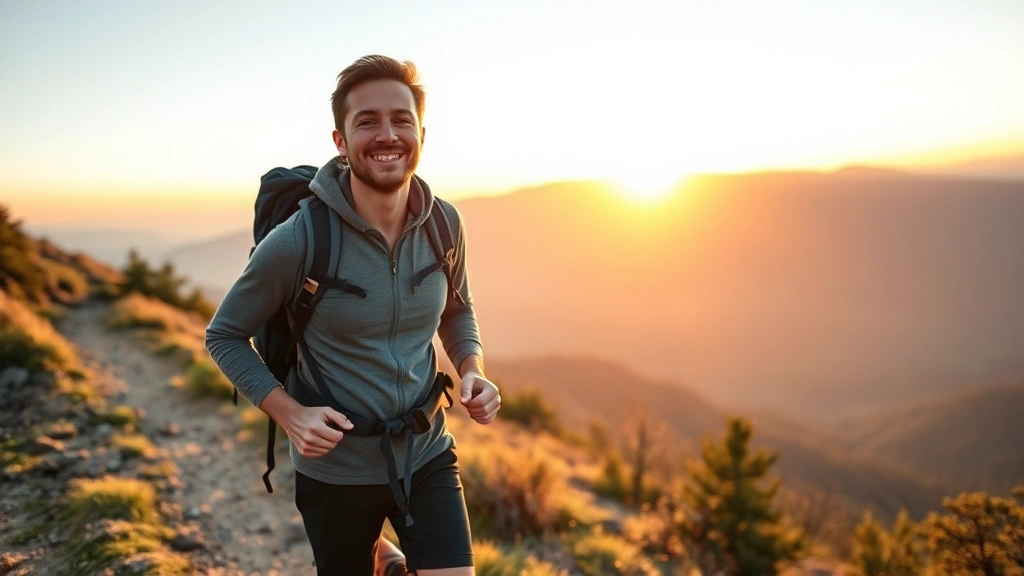 Person hiking on mountain trail at sunrise, looking confident and energized, natural landscape background, peaceful expression, outdoor self-improvement moment