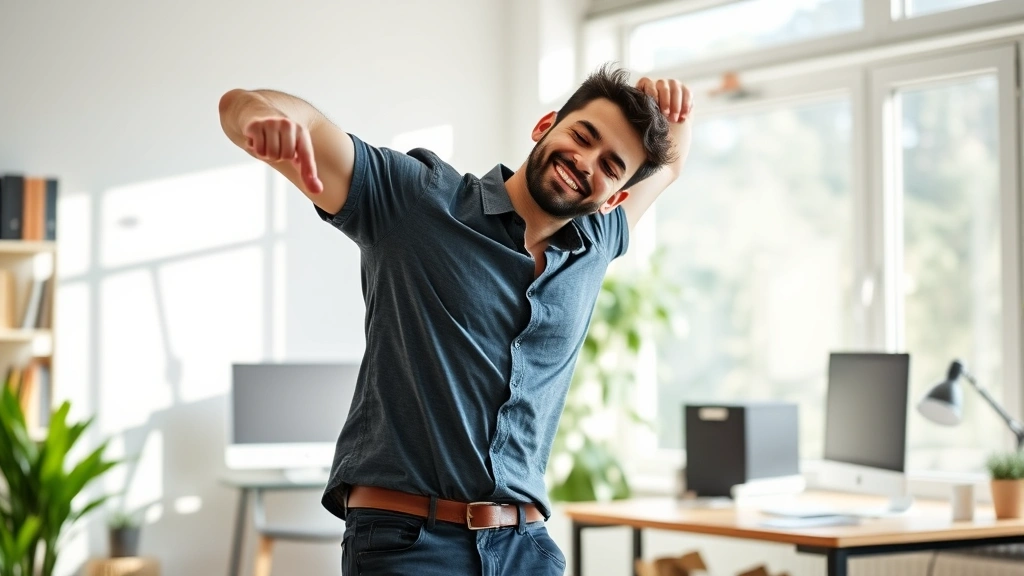 Adult in bright modern home office taking a break, smiling while stretching, natural light from window, balanced work-life atmosphere, professional casual clothing