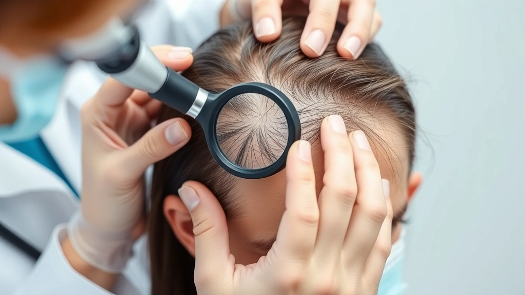 Dermatologist examining patient's scalp with magnifying tool, clinical setting, focused professional care, showing scalp assessment and hair condition analysis