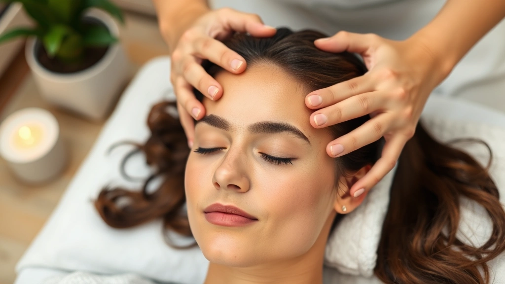 Person receiving professional scalp massage treatment with focused, peaceful expression, hands working on temples and scalp area, demonstrating hair care wellness routine in calming environment