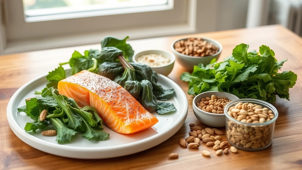 Nutritious meal spread featuring salmon, leafy greens, nuts, and seeds on a wooden table with natural window light, representing foods that support hair growth through proper nutrition