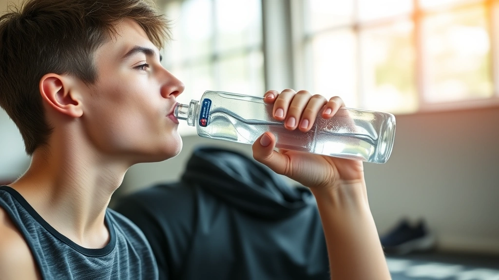 Teenager drinking water from bottle during training session, hydrated, energetic expression, fitness environment, natural daylight, athletic setting