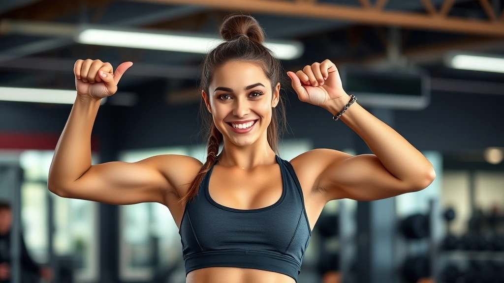 Young female athlete in victory pose after successful workout, confident smile, muscular definition visible, gym background, empowered posture, professional photography