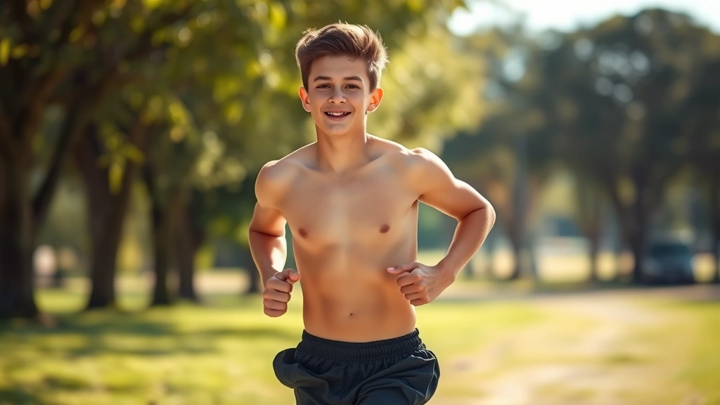 Young person running outdoors in sunlight, athletic build, confident posture, healthy glowing skin, natural outdoor setting with trees and open space, photorealistic, vibrant and energetic