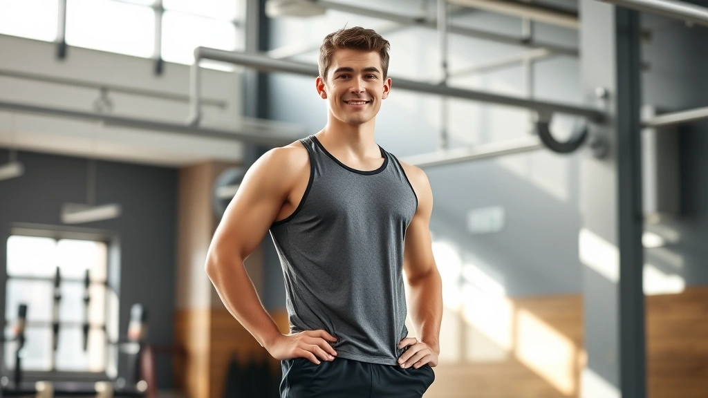 Young adult male in athletic wear standing confidently in a modern gym with bright natural light, showing healthy posture and vitality, representing physical growth and wellness potential