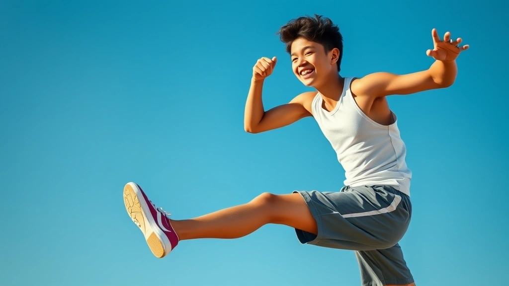 Teenage athlete mid-jump or in motion, strong muscular definition, joy and vitality on face, dynamic action pose, bright natural lighting, clear blue sky background, photorealistic health focus
