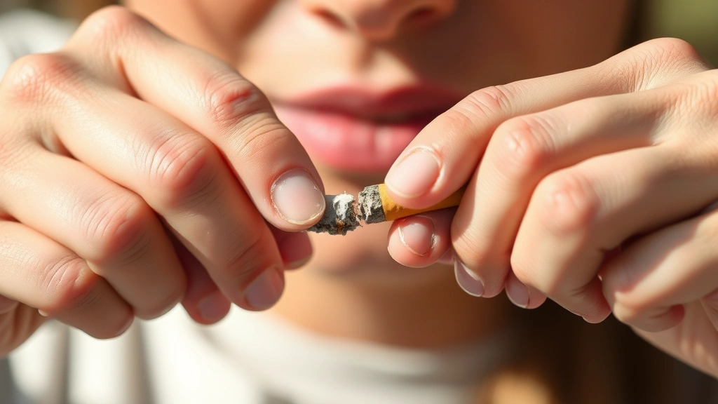 Close-up of a person's hands breaking a cigarette in half with determination and resolve, symbolizing the decision to quit smoking and reclaim health, natural lighting emphasizing the decisive moment