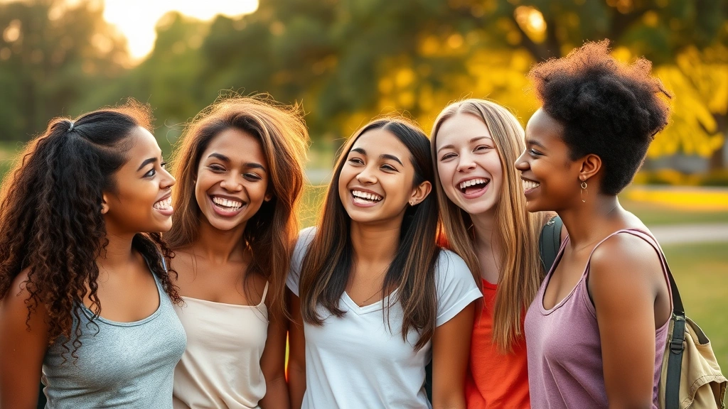 Group of diverse adolescents laughing together outdoors, healthy natural appearance, genuine friendship moment, natural lighting golden hour, outdoor park or nature setting, photorealistic and inclusive