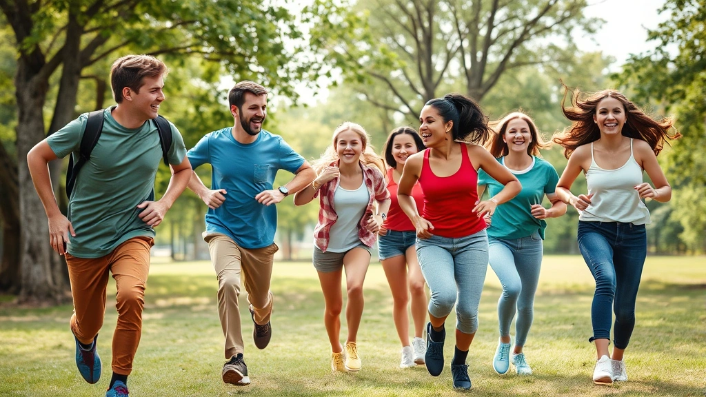 Diverse group of teenagers doing outdoor sports activities together in a park, laughing and running, representing healthy adolescent development and the physical capabilities gained by avoiding smoking