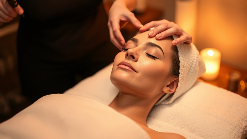 Person undergoing professional waxing treatment at spa, relaxed expression, warm ambient lighting, showing self-care and personal wellness routine