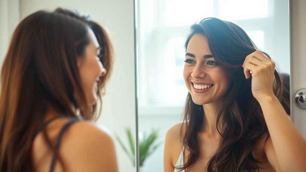 Happy individual examining healthy hair in mirror, bright natural light, peaceful bathroom setting, demonstrating confidence in personal appearance