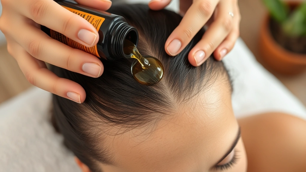 Close-up of scalp massage technique with hands applying oil using circular massage motions, healthy scalp visible, serene spa-like setting demonstrating proper application method