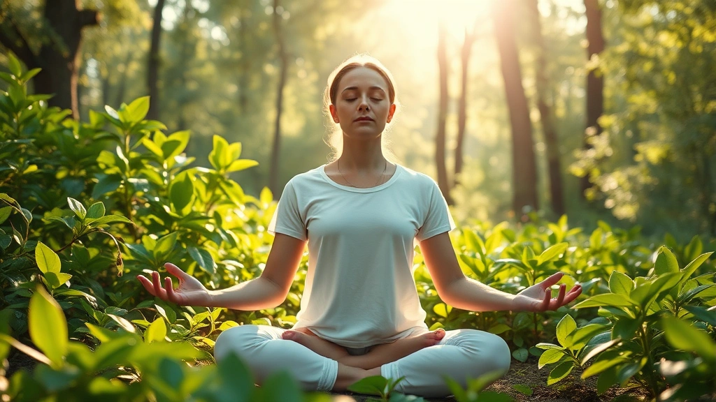 Person meditating peacefully in nature surrounded by green plants and soft sunlight filtering through trees, embodying stress reduction and mind-body connection for cellular optimization