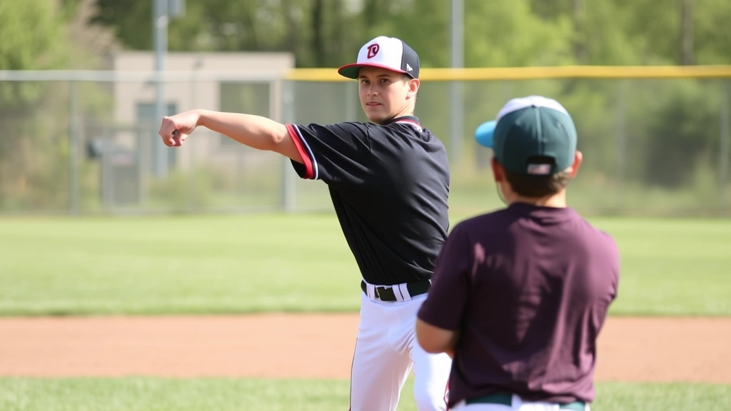 Young athlete demonstrating proper throwing mechanics with coach guidance in outdoor baseball setting, natural lighting, focus on arm position and body alignment