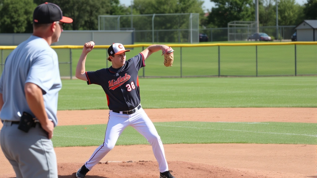 Young athlete performing proper throwing mechanics with coach observation, outdoor baseball field setting, demonstrating correct arm positioning and body rotation
