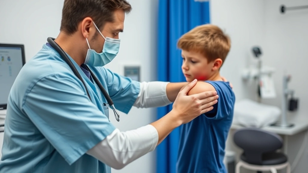 Medical professional performing physical examination of young athlete's elbow for range of motion and pain assessment in clinical setting, professional healthcare environment