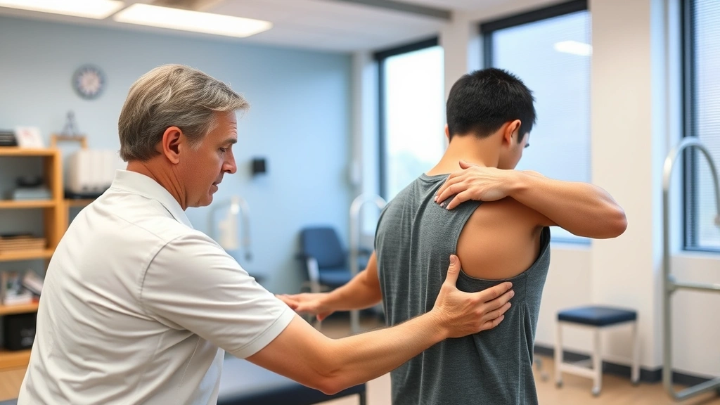 Physical therapist working with teenage athlete on shoulder mobility exercises, bright rehabilitation clinic environment, stretching and rotator cuff strengthening demonstration