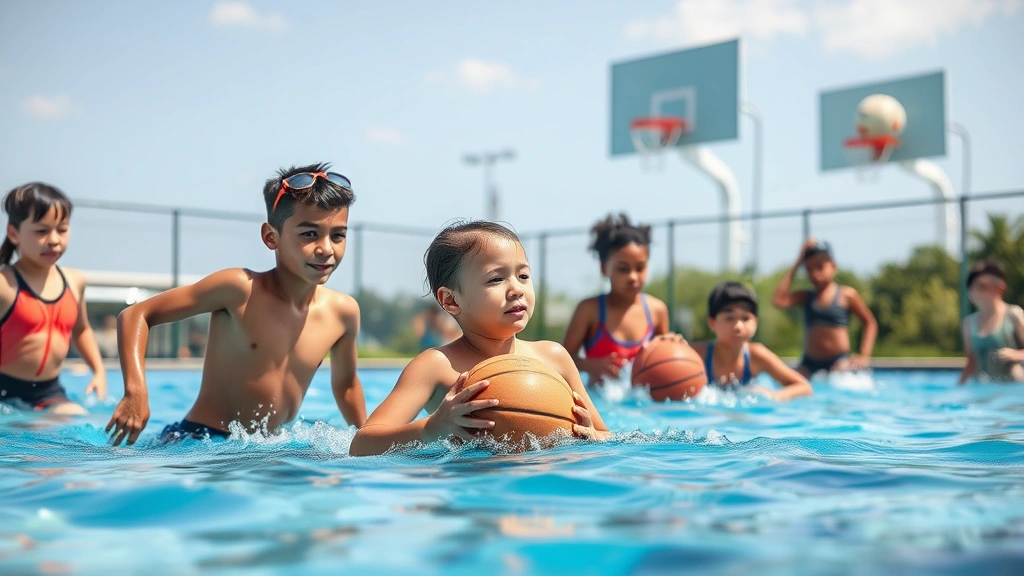 Diverse group of young athletes participating in cross-training activities including swimming and basketball, emphasizing varied movement patterns and athletic development outdoors