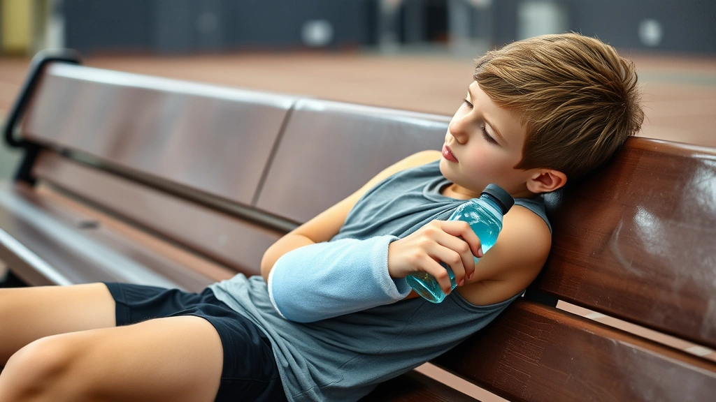 Young athlete resting and recovering after training session, sitting on bench with ice pack on elbow, hydrating with water bottle, focused recovery moment